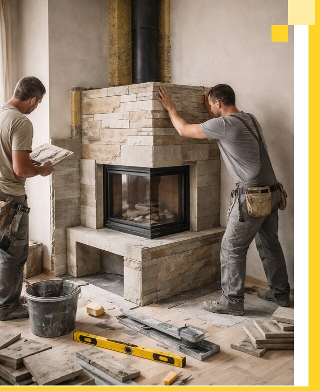 Угловые камины под ключ проект, монтаж и отделка в Качканаре