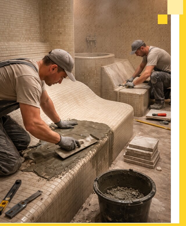 Лежаки для хамама под ключ в Качканаре, проект и монтаж